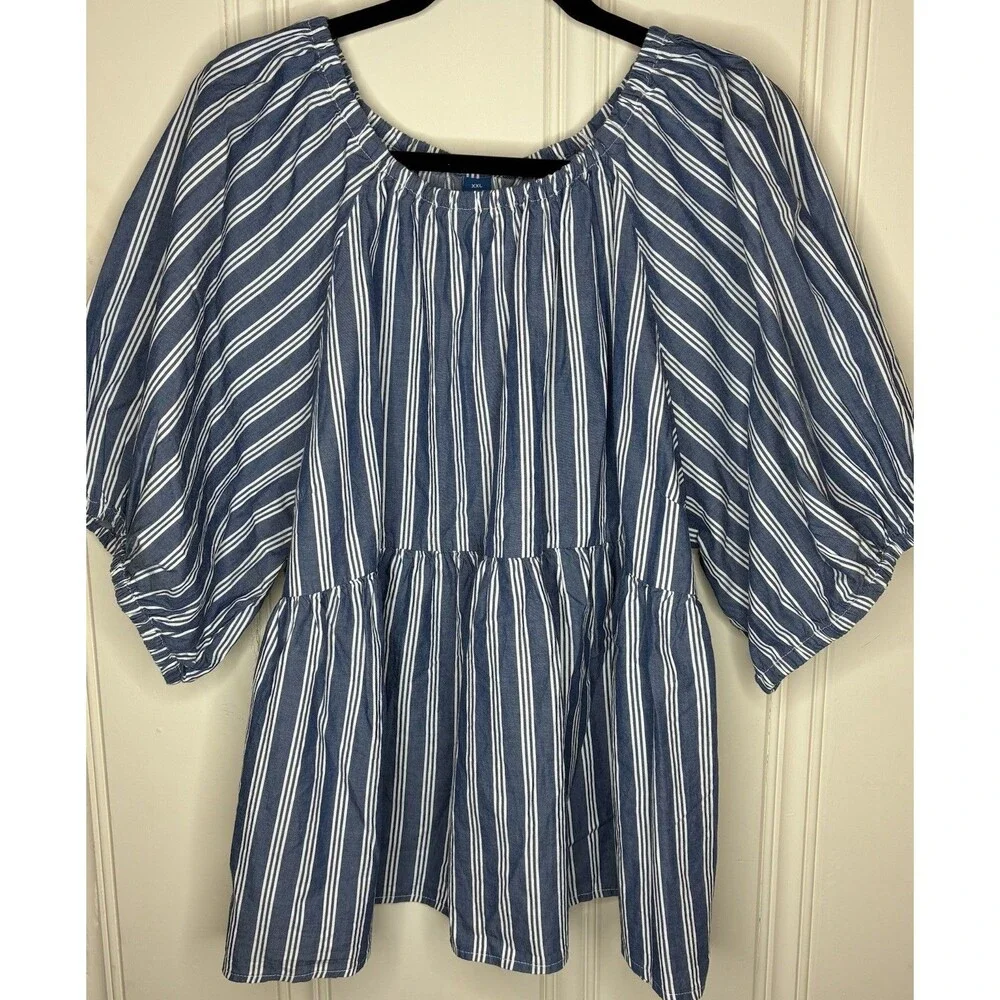 NEW Cotton navy striped puff-sleeve swing top womens 2X relaxed babydoll peasant